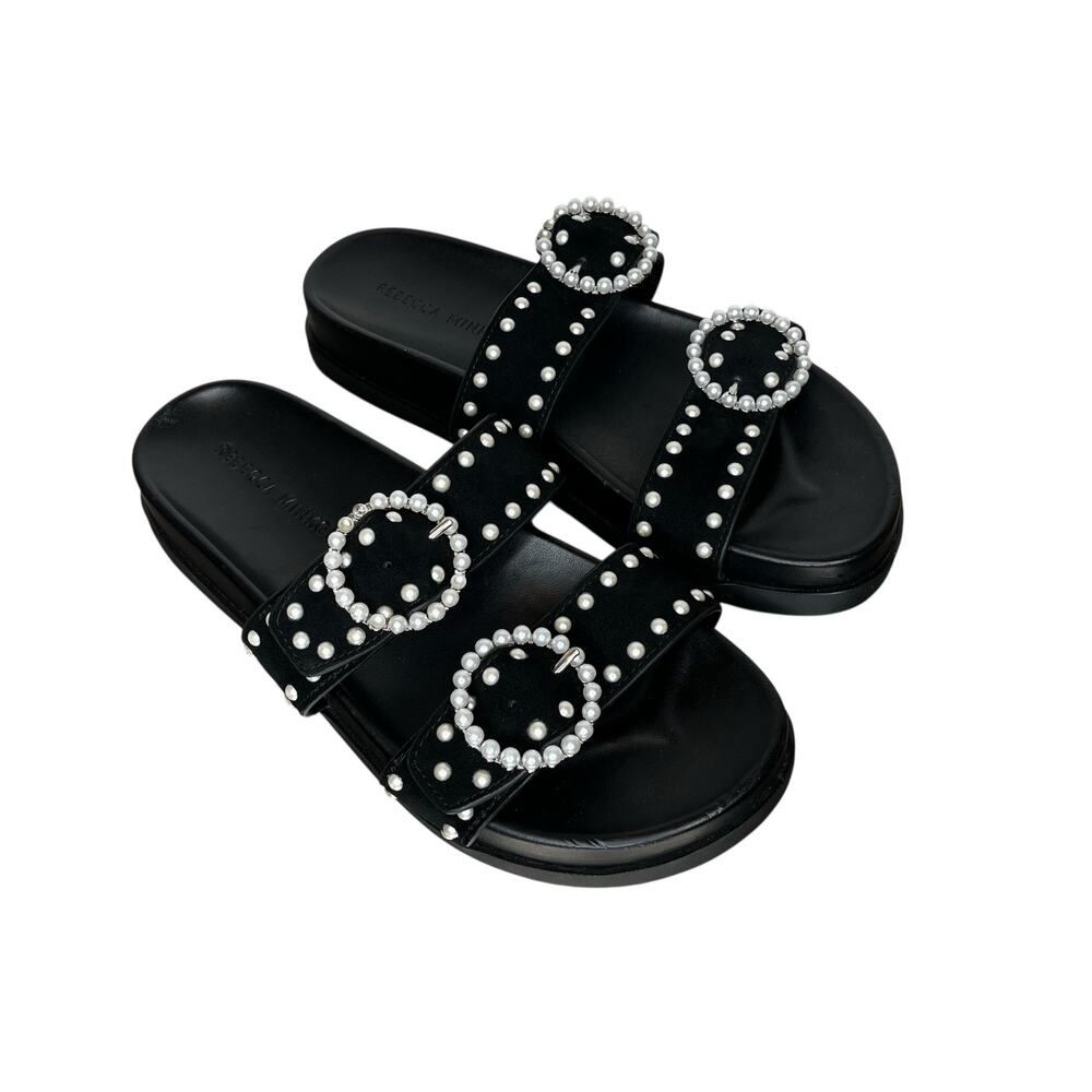 REBECCA MINKOFF Veeoleeta Faux Pearl Stud Two Strap Sandals Black Size 5.5